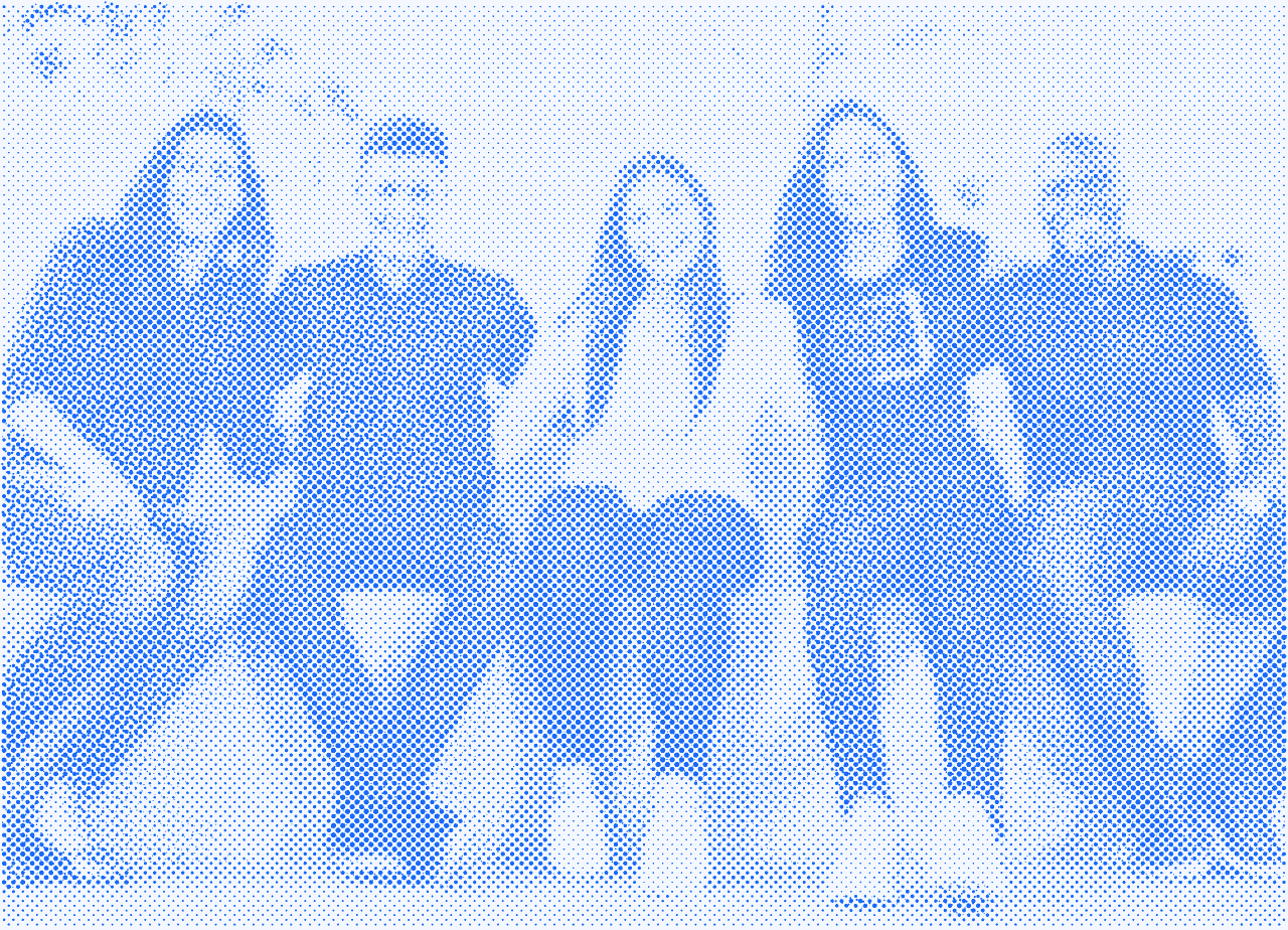 Dotted portrait of a diverse group of experts sitting together, smiling