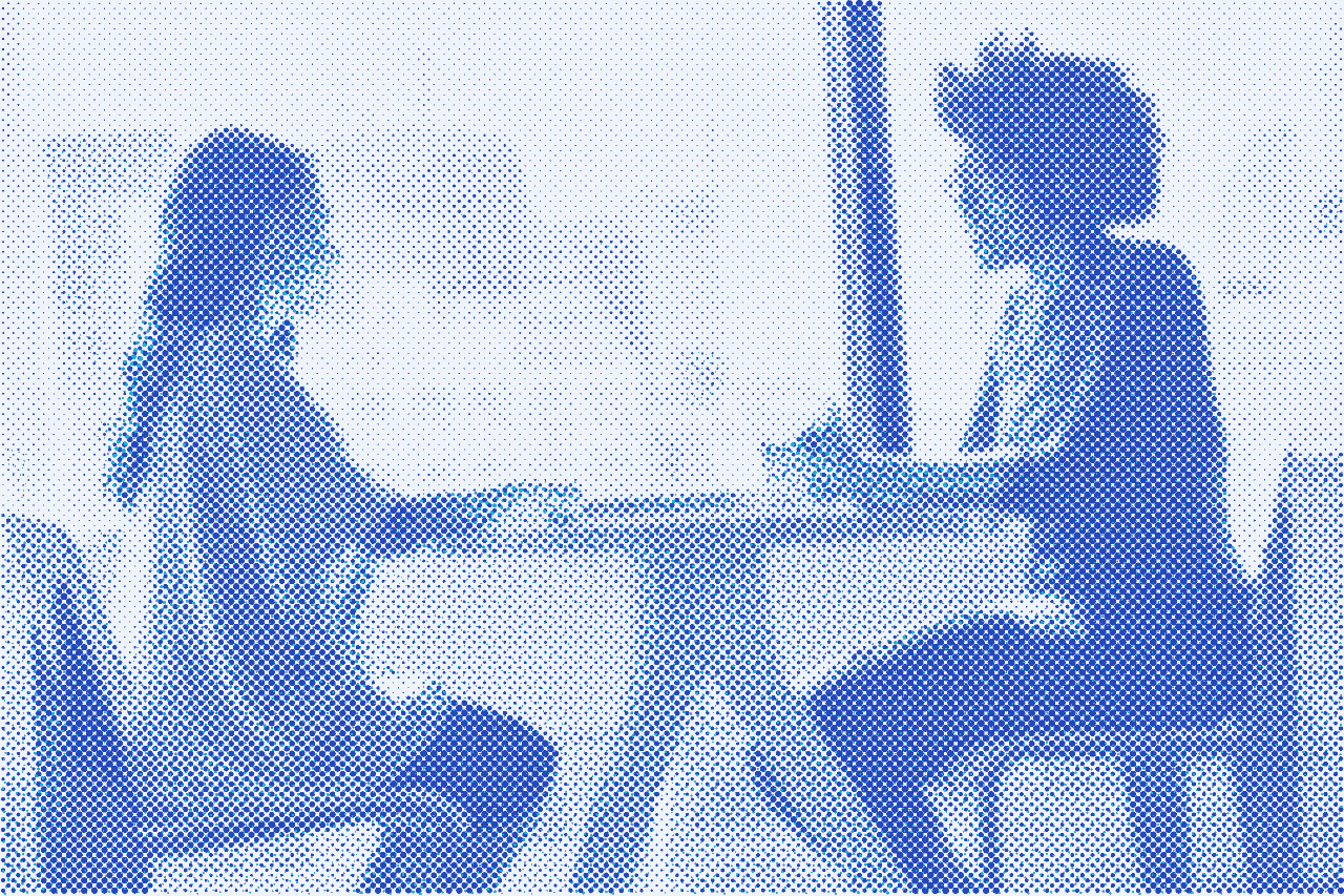 Dotted illustration of two professionals in conversation at a table