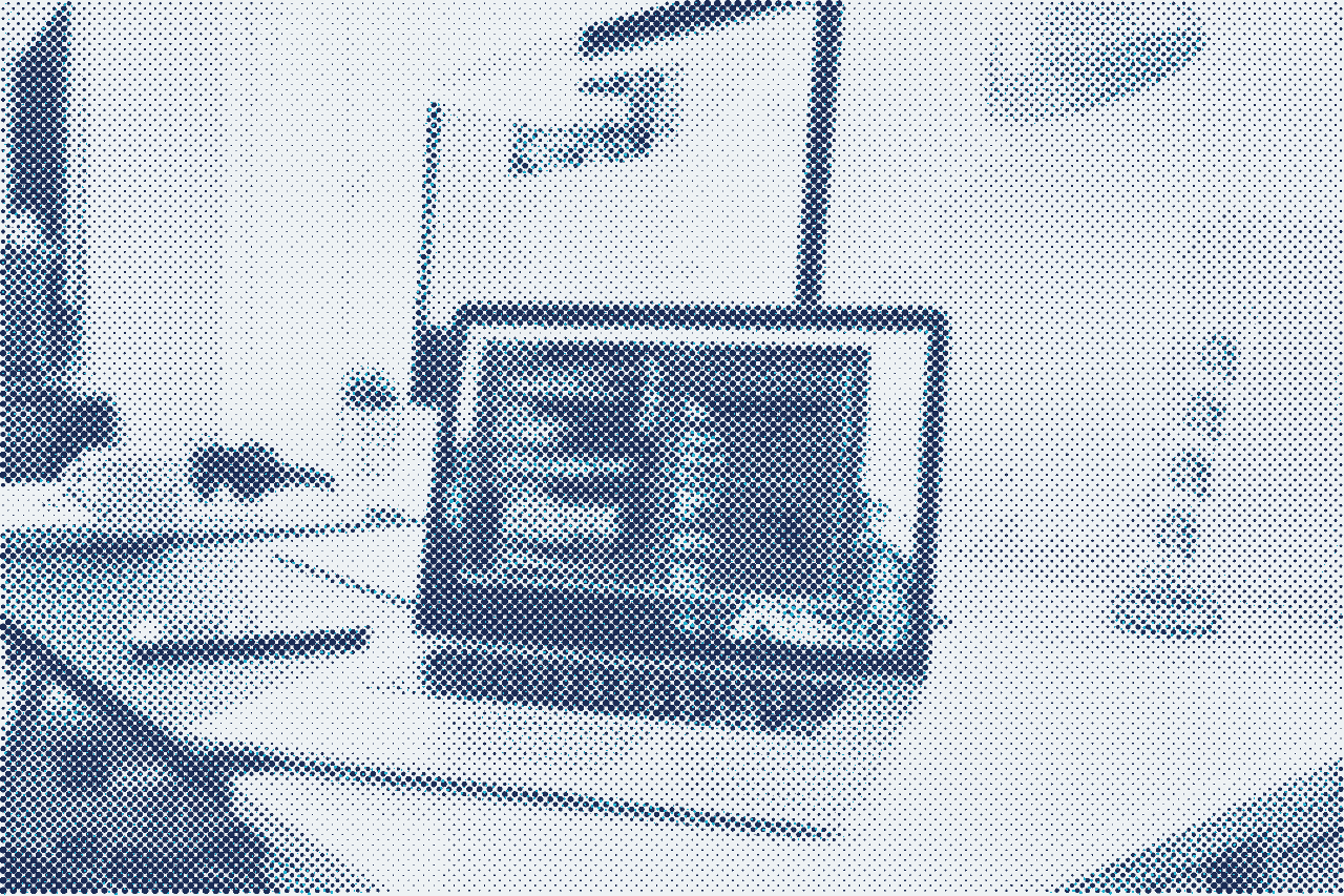 Dotted illustration of a laptop showing code on a bright, minimal desk